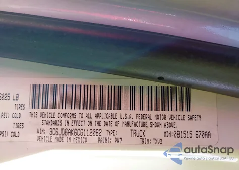 2012 Ram 1500 St z USA, uszkodzony, nr VIN 3C6JD6AK6CG112062